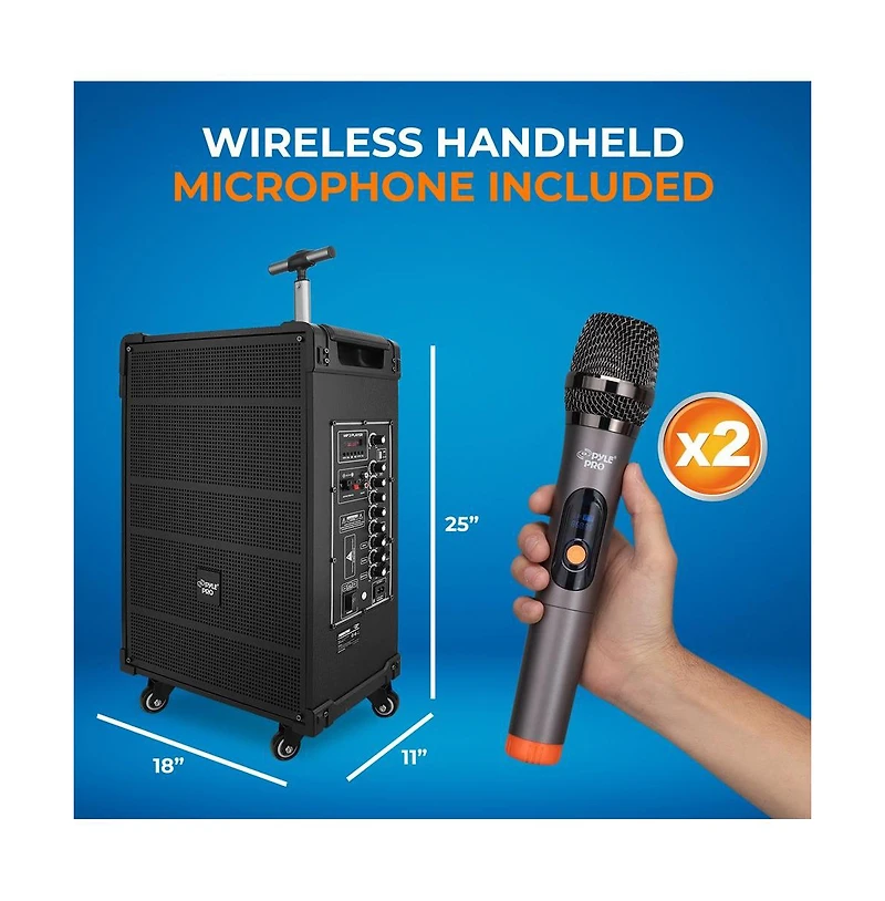 Pyle 12" Portable Wireless Bt Streaming Pa Speaker System - Built-in Rechargeable Battery, Wireless Microphone, Usb/Micro Sd/Fm, 800W