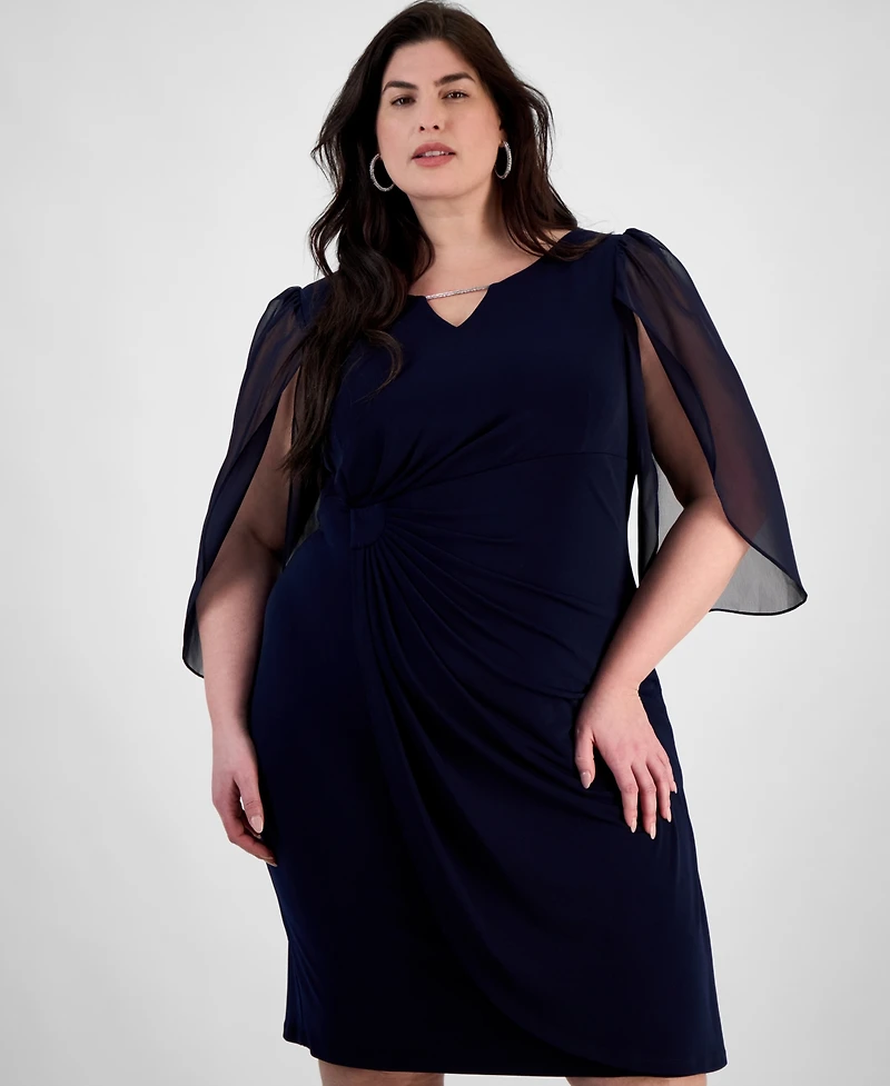 Connected Plus Size Sheer-Sleeve Chain-Detail Sheath Dress