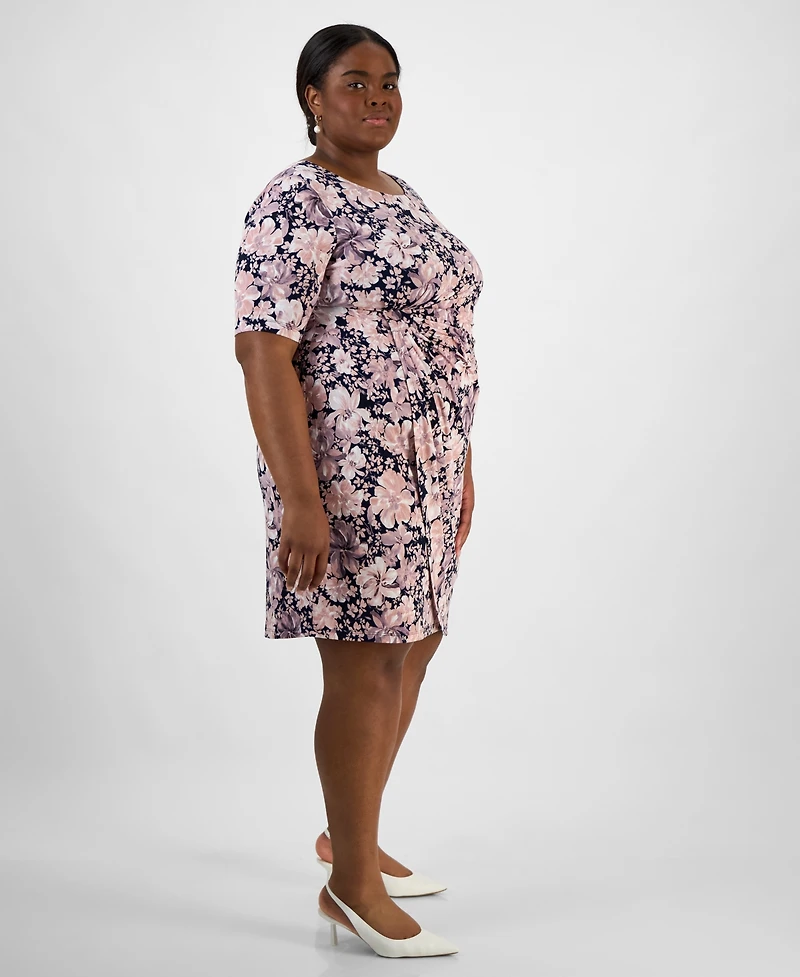 Connected Plus Size Floral-Print Gathered-Waist Dress