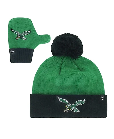 '47 Brand Kelly Green/Black Philadelphia Eagles Bam Cuffed Knit Hat with Pom Mittens Set