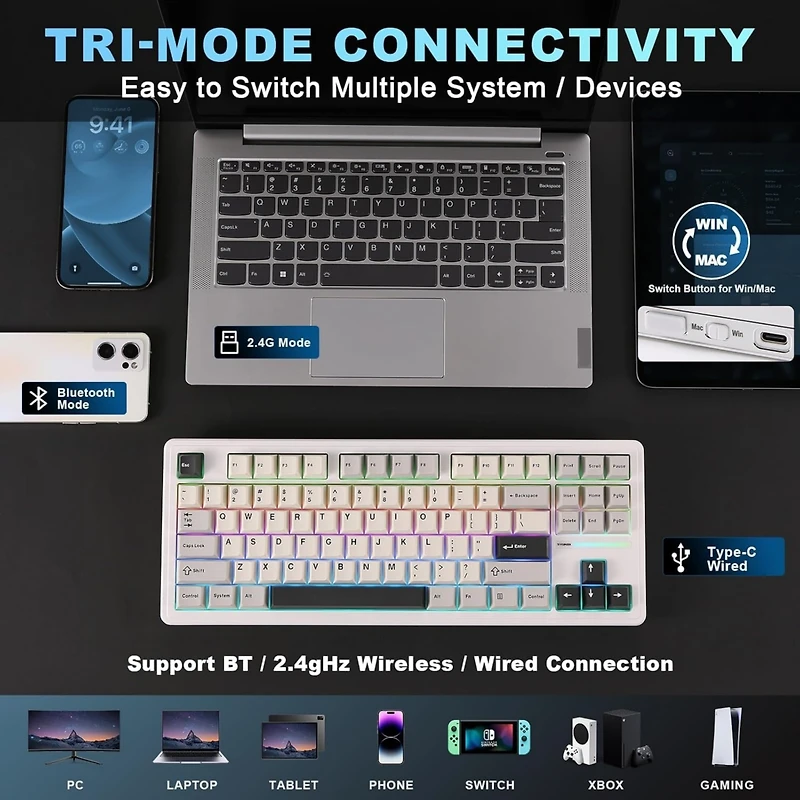 Yunzii YZ87 75% Gasket Mechanical Keyboard, Tkl Wireless Hot Swappable Bluetooth Gaming Keyboard with 4-Layer Padding, BT5.0/2.4Ghz/Type-c Nkro Rgb Ba