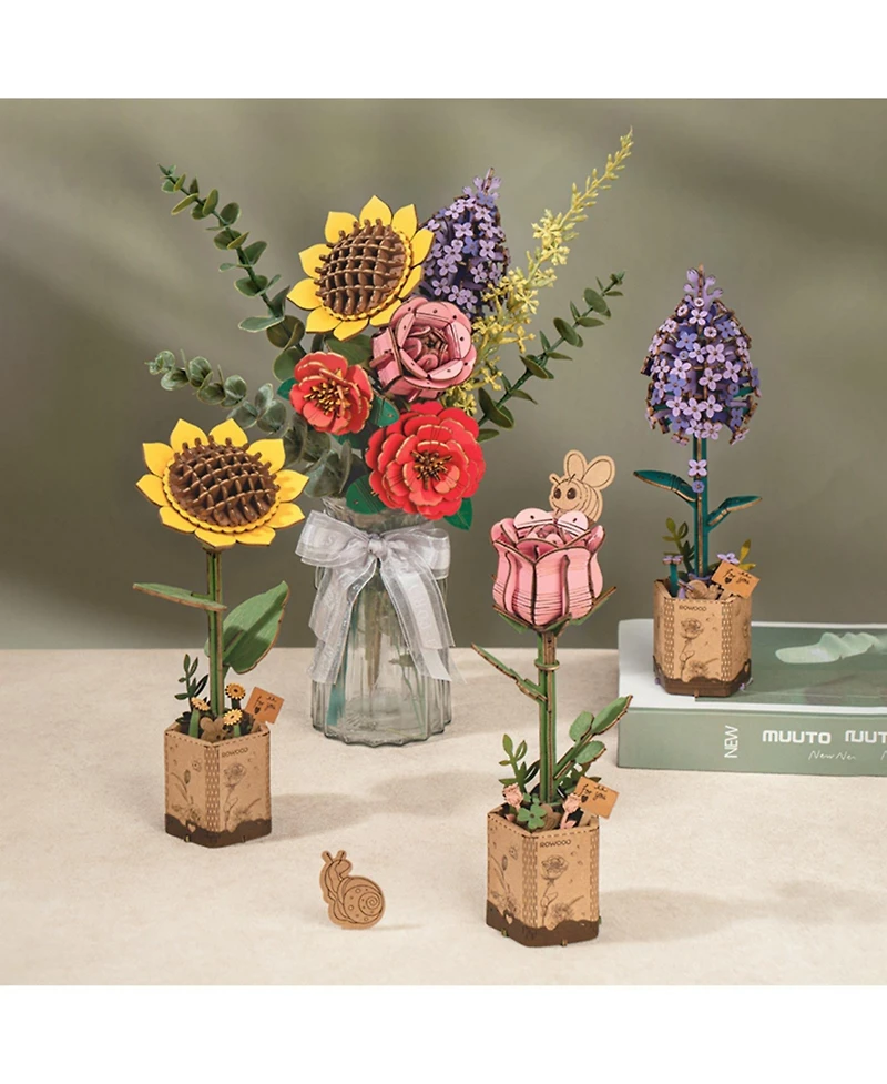 Robotime Flower Bouquet 3D Wooden Puzzle Diy Model Building Kits Toys, Multicolored, 10.2"5.1"17.3"