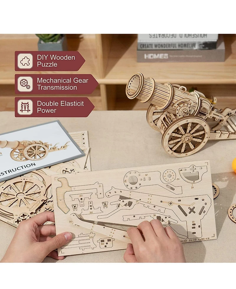 Robotime 3D Wooden Puzzle 158 Pieces Diy Model Toys Medieval Wheeled Cannon Brain Teaser, Beige, 12.6"5.1"8.3"