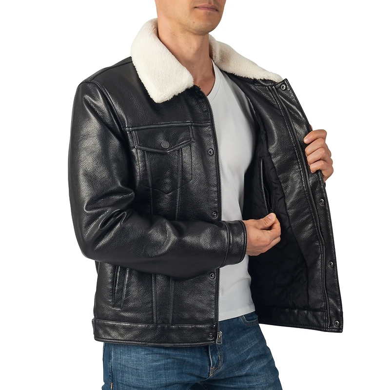 Alpine Swiss Men's Aaron Fitted Trucker Jacket Sherpa Collar Faux Leather Casual Coat