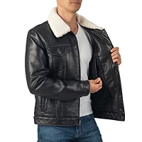 Alpine Swiss Men's Aaron Fitted Trucker Jacket Sherpa Collar Faux Leather Casual Coat