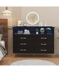 gaomon Dresser Black Large for Bedroom with Power Outlet and Led Lights Storage Cabinet 6 Drawers 2 Open Shelves Living Room,