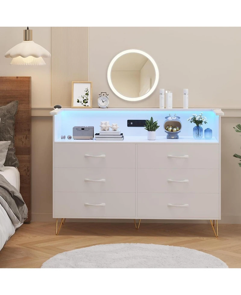 gaomon Dresser in Black Large Dresser for Bedroom with Power Outlet and Led Lights Storage Cabinet with 6 Drawers and 2 Open Shelves for Living Room,