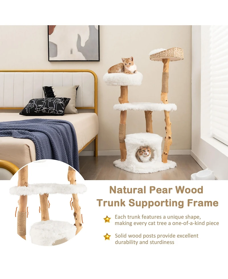 Gymax 49'' Tall Wooden Cat Tree Solid Wood Cat Tower with Jute Scratching Posts