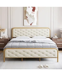 gaomon King Bed Frame with Button Velvet Headboard, Upholstered Tufted Footboard