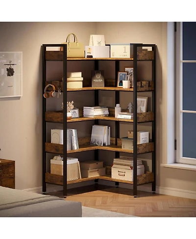 gaomon Corner Bookshelf, 5 Tier Convertible Corner Book Shelf, Modern Industrial Bookcase, L Shaped Storage Display Shelf for Home Office, Living Room