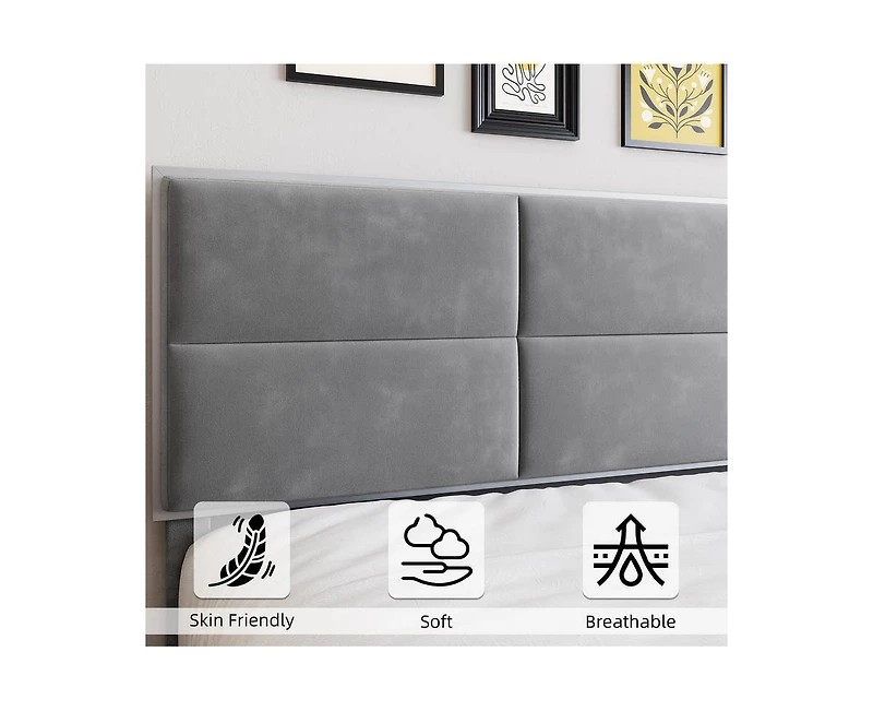 gaomon King Size Velvet Bed Frame with Headboard, Modern Upholstered Platform Bed, Mirror Stainless Steel Decoration, Wooden Slats Support, No Box Spr