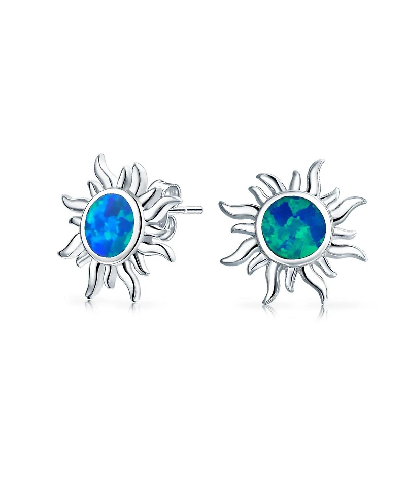 Bling Jewelry Iridescent Celestial Summer Vacation Sun Beach Fun Created Synthetic Blue Mexican Opal Sunburst Stud Earrings .925 Sterling Silver