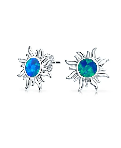 Bling Jewelry Iridescent Celestial Summer Vacation Sun Beach Fun Created Synthetic Blue Mexican Opal Sunburst Stud Earrings .925 Sterling Silver