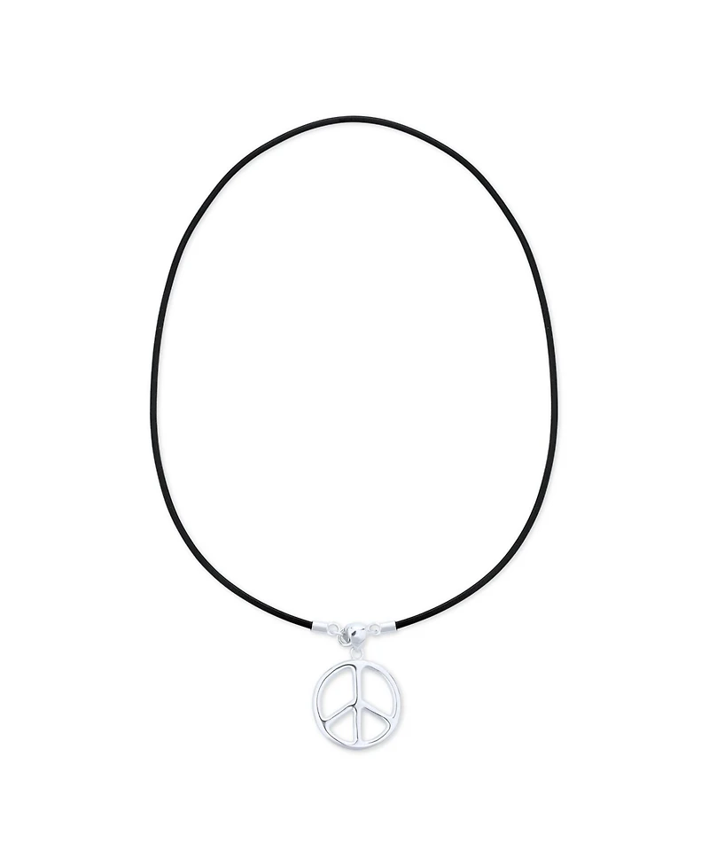Bling Jewelry Peace Sign Pendant Necklace Black Leather Cord Sterling Silver 18"