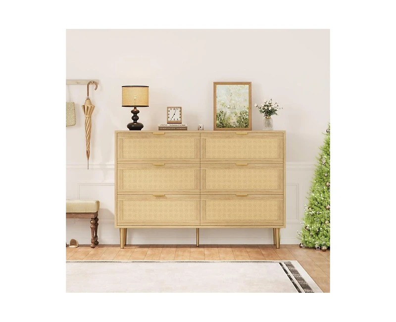 gaomon Rattan 6 Drawer Dresser, Farmhouse Wooden Chest of Drawers with 5 Metal Legs, Golden Handles, Wide Double Drawer Dresser for Bedroom