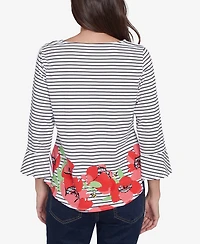 Ruby Rd. Petite Poppy Embroidered Stripe Knit Three Quarter Sleeve T-Shirt