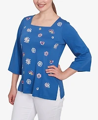 Ruby Rd. Petite Embroidered Scattered Floral Three Quarter Sleeve T-Shirt