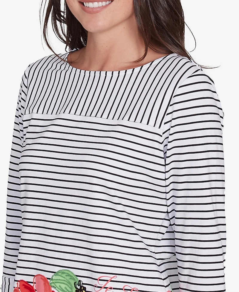 Ruby Rd. Petite Poppy Embroidered Stripe Knit Three Quarter Sleeve T-Shirt