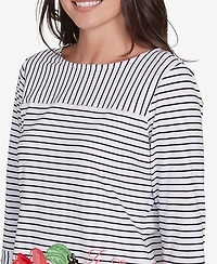 Ruby Rd. Petite Poppy Embroidered Stripe Knit Three Quarter Sleeve T-Shirt