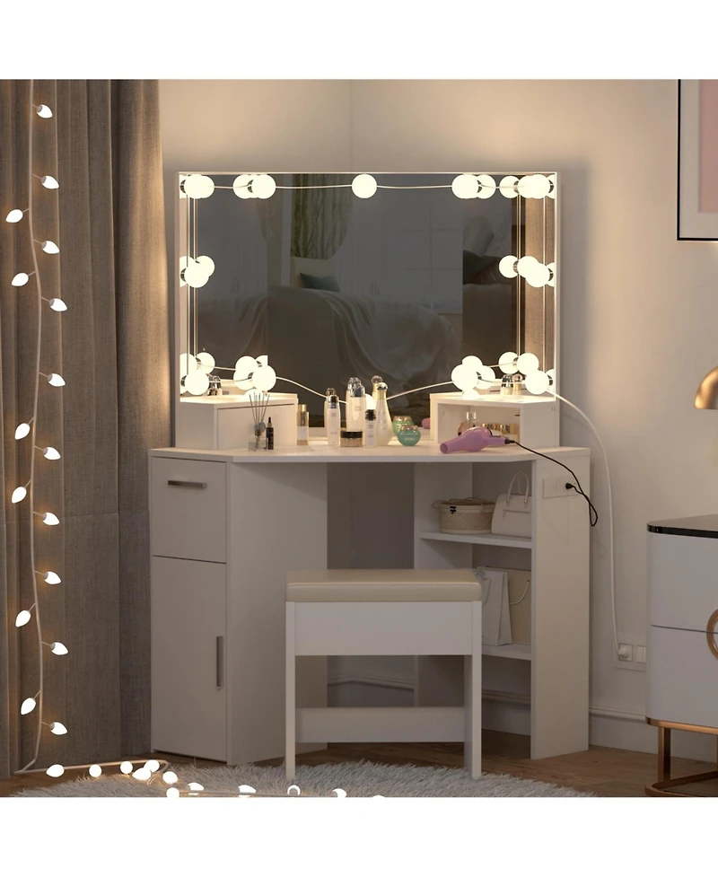 gaomon White Corner Vanity Set, Small Makeup Table with Upholstered Stool