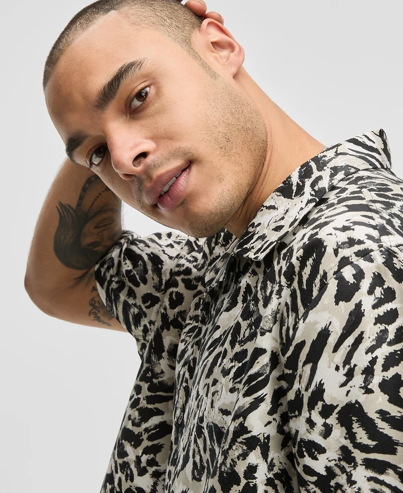 Mode of One Men's Relaxed-Fit Leopard-Print Button-Down Camp Shirt, Exclusively at Macy's