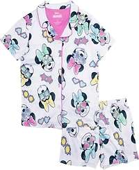 Minnie Mouse Little and Big Girls Short Sleeve Button Down Sleep Shirt Shorts, 2-Piece Pajama Set