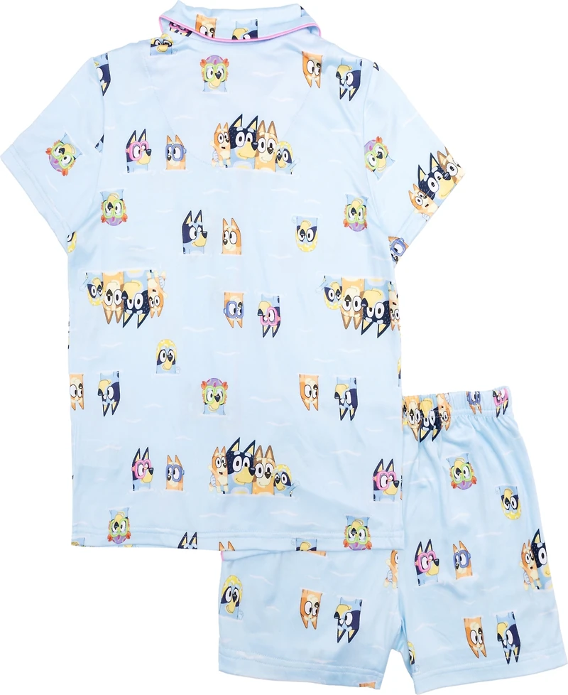 Bluey Little and Big Girls Short Sleeve Button Down Sleep Shirt Shorts, 2-Piece Pajama Set