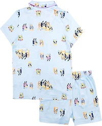 Bluey Little and Big Girls Short Sleeve Button Down Sleep Shirt Shorts, 2-Piece Pajama Set