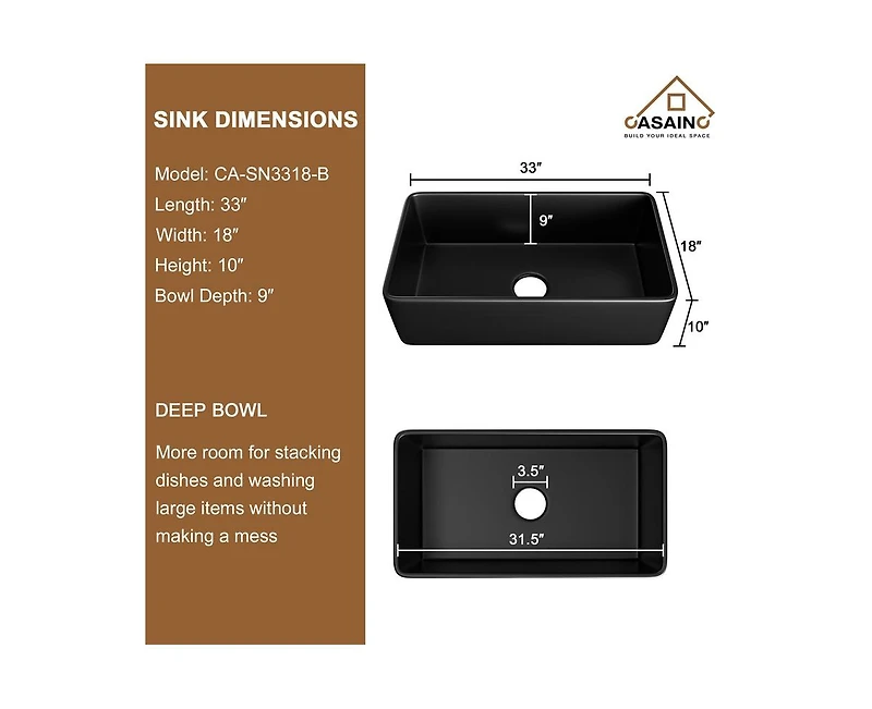 Casainc Single Bowl Fireclay Farmhouse Kitchen Sink with Accessories