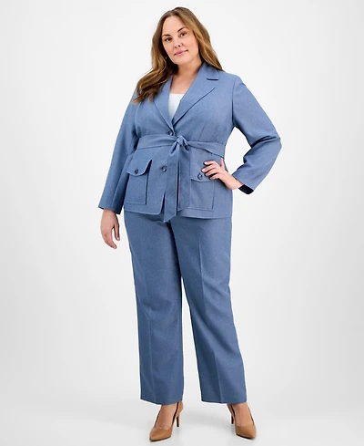 Le Suit Plus Size Two-Button Belted Safari Jacket & Mid-Rise Straight-Leg Pants Set
