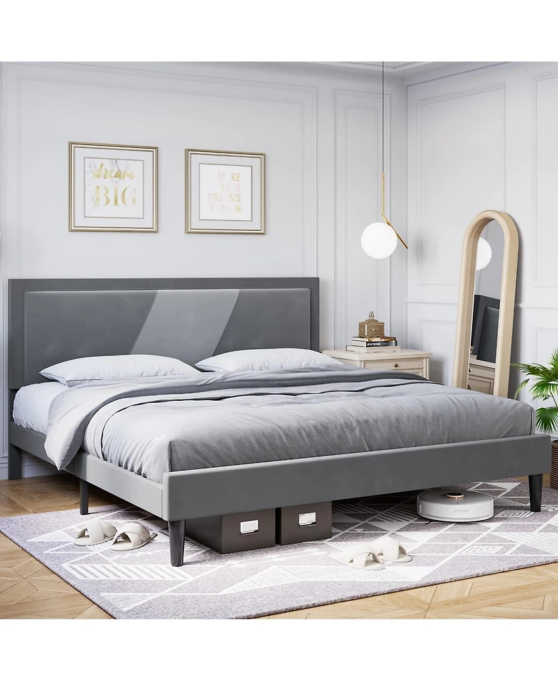 gaomon Wood Slat Support Bed Frame with Adjustable Height Headboard Velvet Upholstered Bed Frame