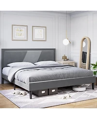 gaomon Wood Slat Support Bed Frame with Adjustable Height Headboard Velvet Upholstered Bed Frame