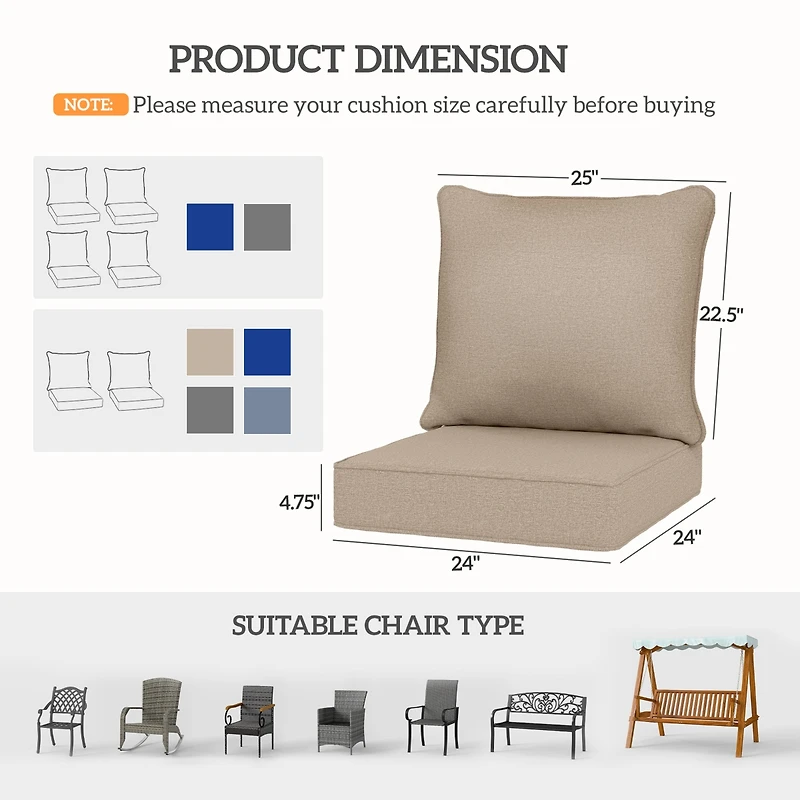 Outsunny 4 Outdoor Chair Cushions with Seat & Backrest, 24" x 24",