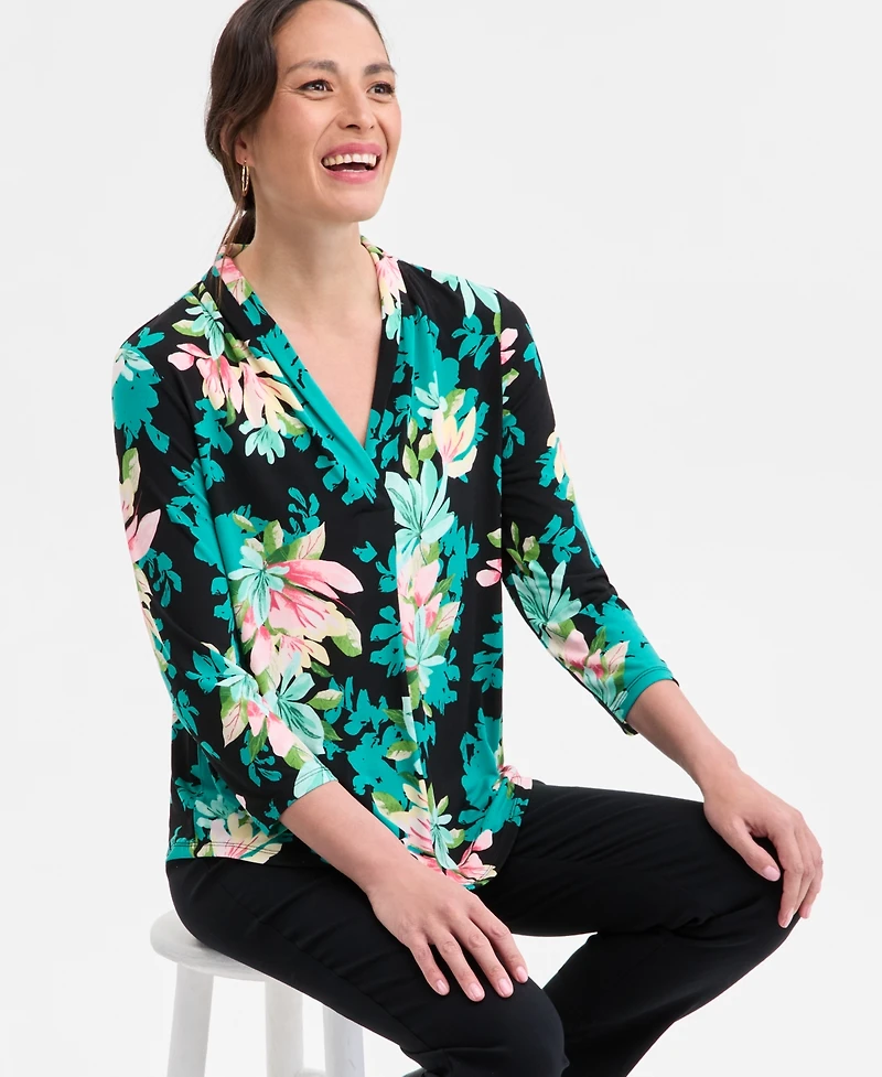 Jm Collection Plus Printed 3/4-Sleeve Top