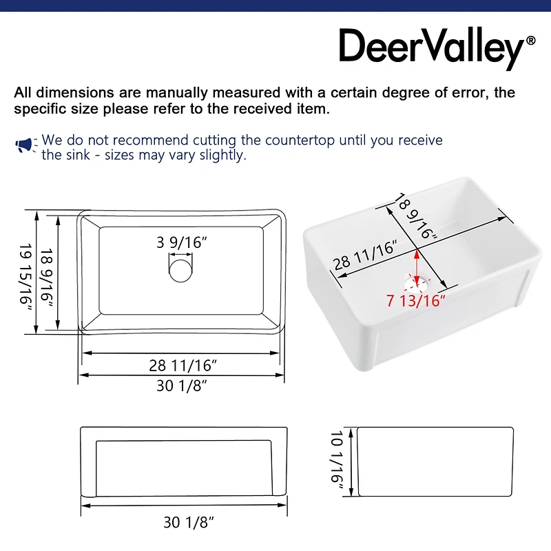 DeerValley 30" L x 20" W Single Bowl Fireclay Farmhouse Kitchen Sink with Bottom Grid and Strainer Drain
