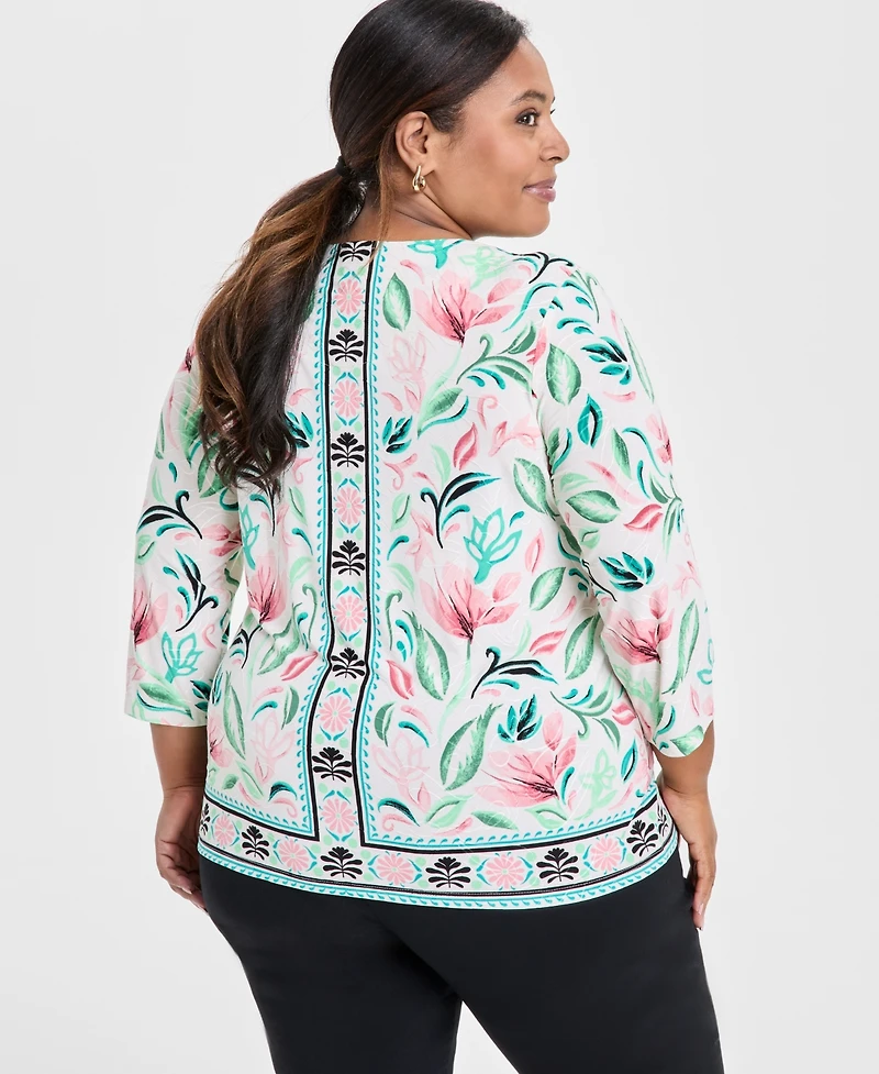 Jm Collection Plus Size Jacquard Floral-Print 3/4-Sleeve Top, Exclusively at Macy's