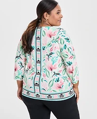 Jm Collection Plus Size Jacquard Floral-Print 3/4-Sleeve Top, Exclusively at Macy's