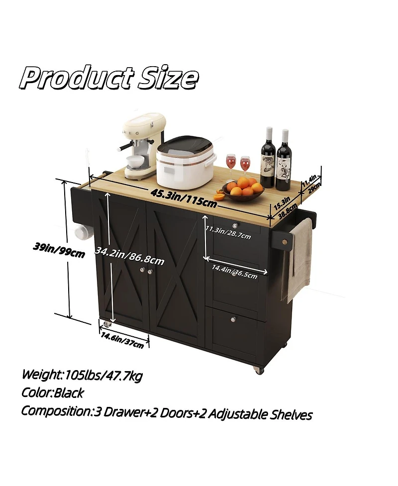 Boyel Living 45.4" Farmhouse Black Rolling Kitchen Cart on Wheels with Storage Cabinet