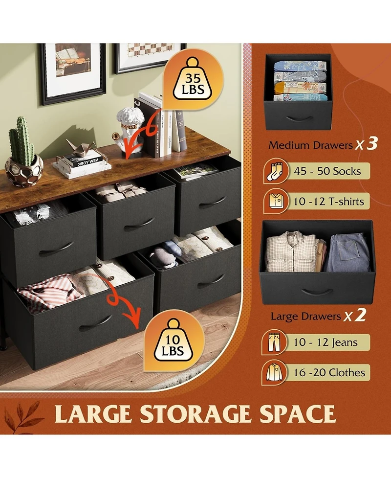 Wlive Dresser for Bedroom with 5 Drawers Wide Chest of Fabric Storage Organizer Unit Bins Closet Living Room Hallway
