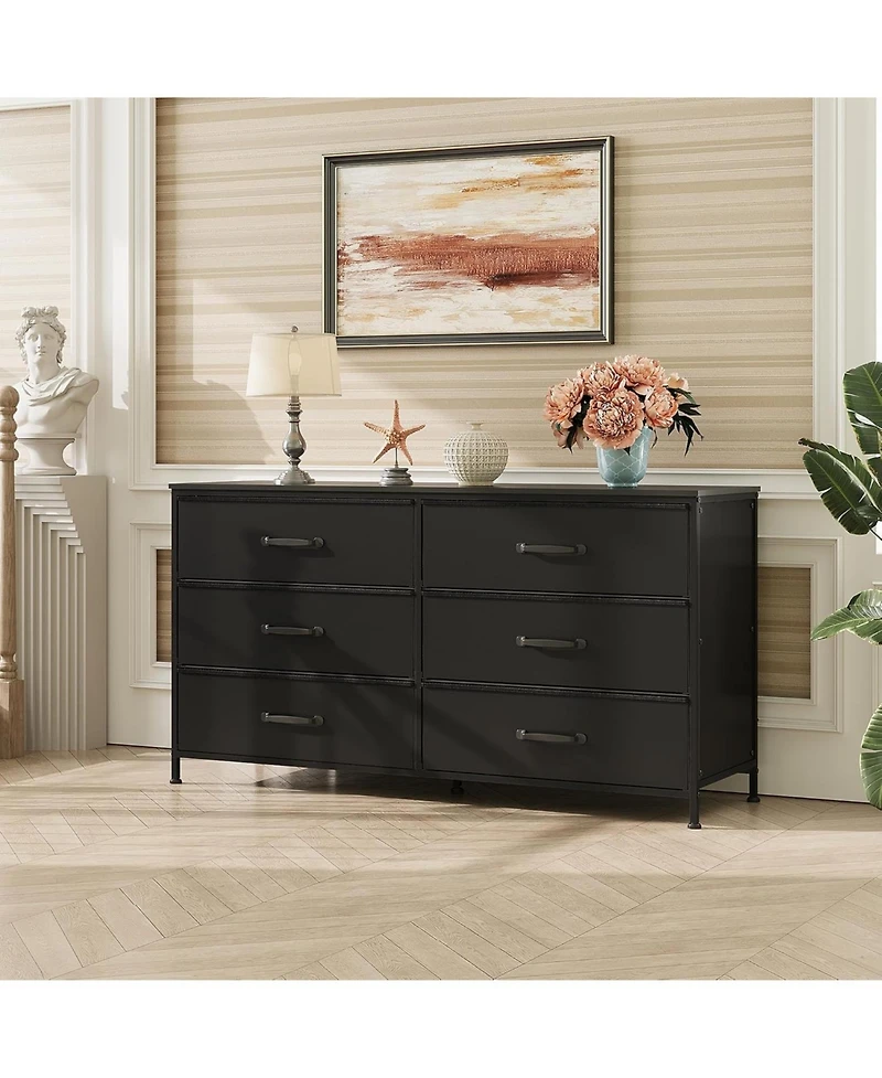 Wlive Wide Fabric Dresser 6 Drawer Tv Stand for 60/" Dressers Bedroom Furniture Large Storage Tower Unit with Bins Bedro
