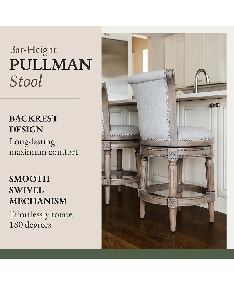 Maven Lane Pullman Bar Stool, Reclaimed Oak Finish w/ Ash Grey Fabric Upholstery, Set of 4