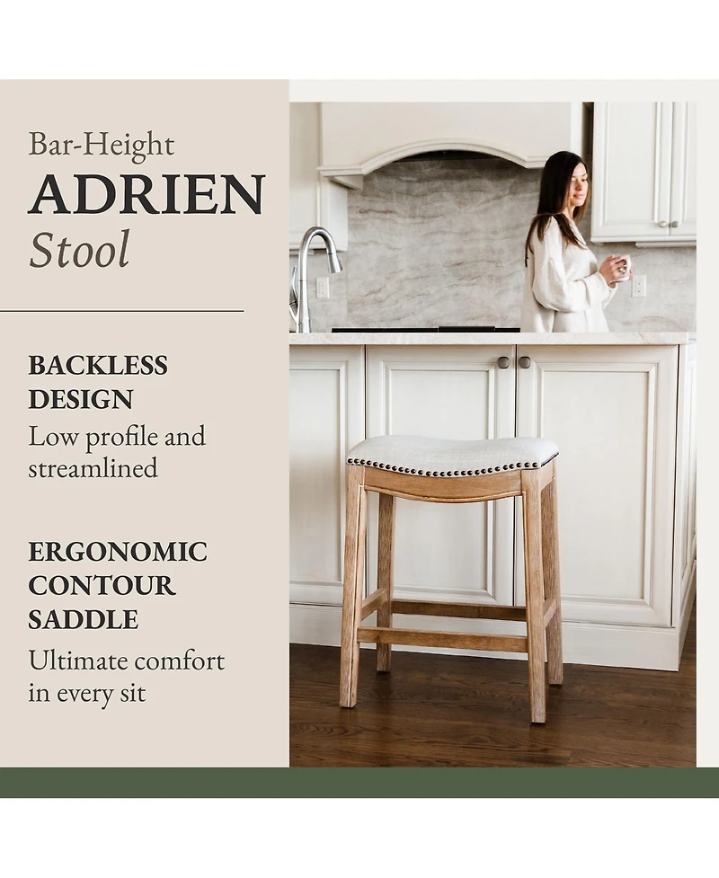 Maven Lane Adrien Saddle Bar Stool in Weathered Oak Finish w/ Sand Color Fabric Upholstery, Set of 4