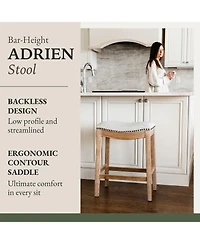 Maven Lane Adrien Saddle Bar Stool in Weathered Oak Finish w/ Sand Color Fabric Upholstery, Set of 4