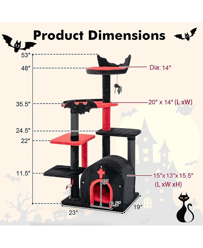 Gymax 6-Tier Gothic Cat Tree 53'' Tall Cat Tower w/ Cat Bed Arch-Shaped Condo Pompom