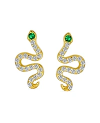 Bling Jewelry Minimalist Cz Stud Earrings Green Eyed Serpent Snake in Gold Plated Silver