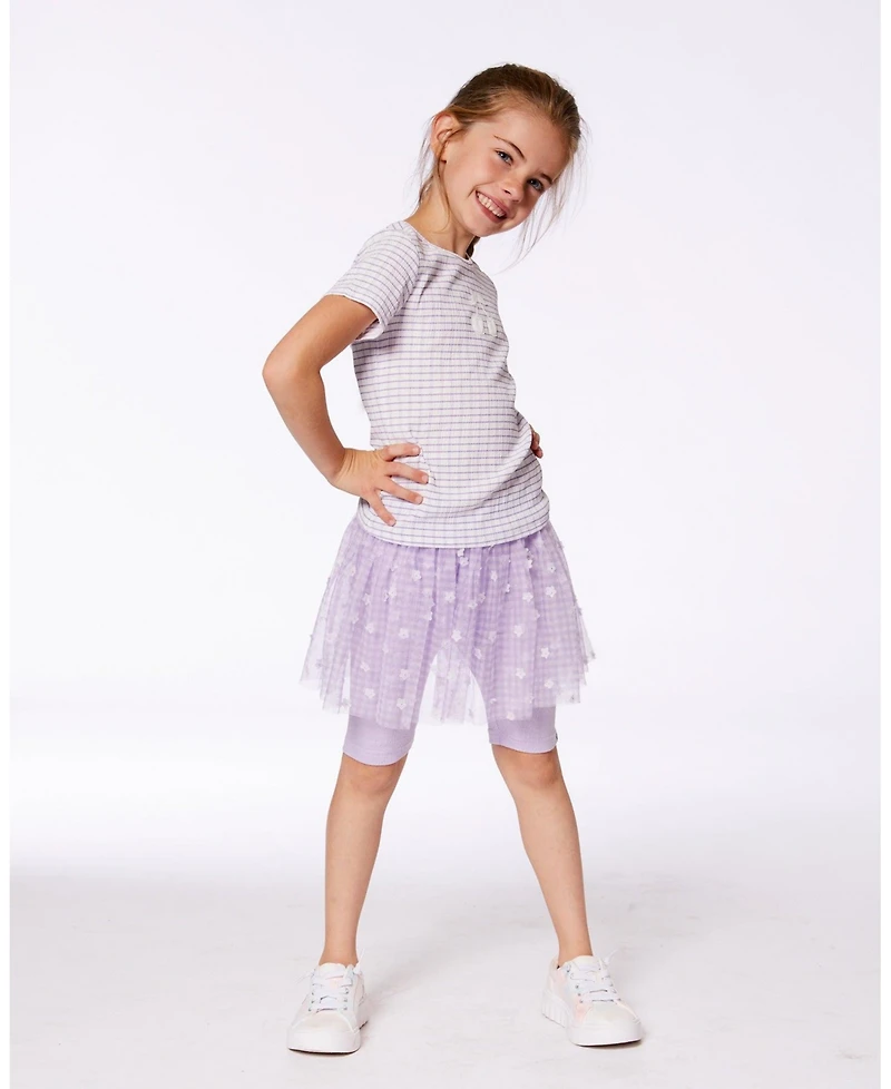 Deux par Deux Toddler Girls Crinkle Biker Short With Flower Mesh Skirt Lilac With White Flowers - Toddler|Child