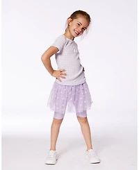 Deux par Deux Toddler Girls Crinkle Biker Short With Flower Mesh Skirt Lilac With White Flowers - Toddler|Child