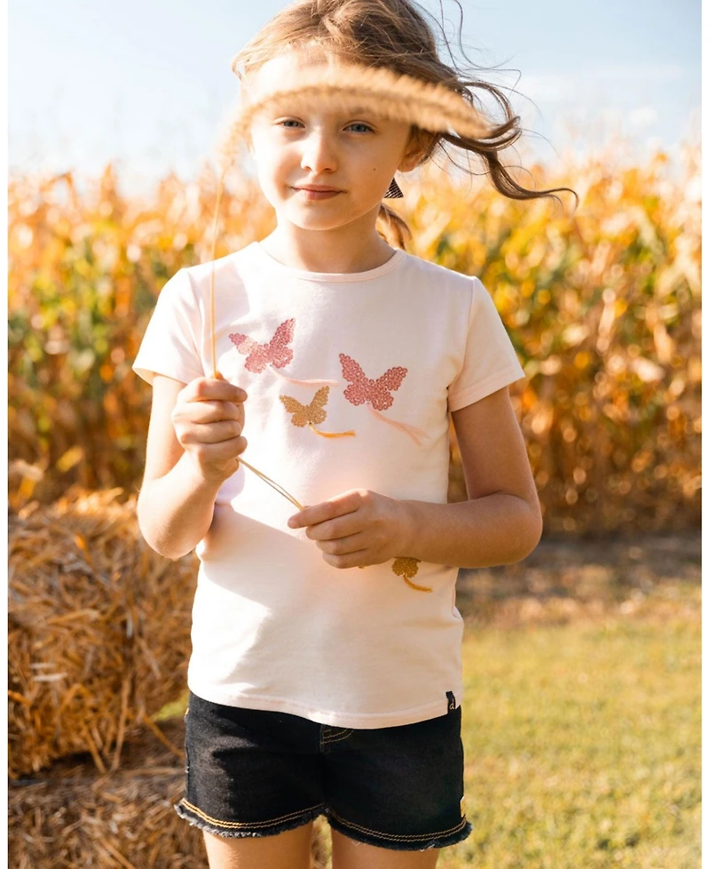 Deux par Big Girls Organic Cotton Top With Applique Pink Sparkling Butterfly