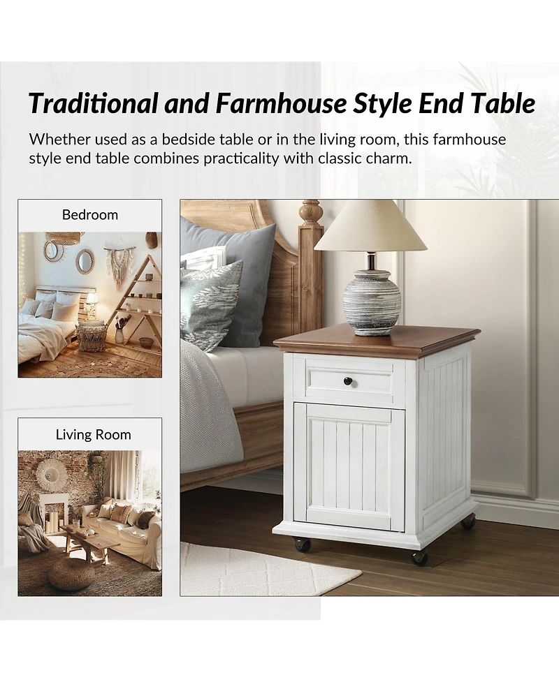 Hulala Home Yeran Traditional End Table with Hooded Caster Wheels and Adjustable Shelves