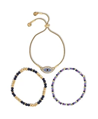Jessica Simpson Multi-Color Beaded Bracelet Set with Evil Eye Charm - Boho Chic Stackable Bracelets